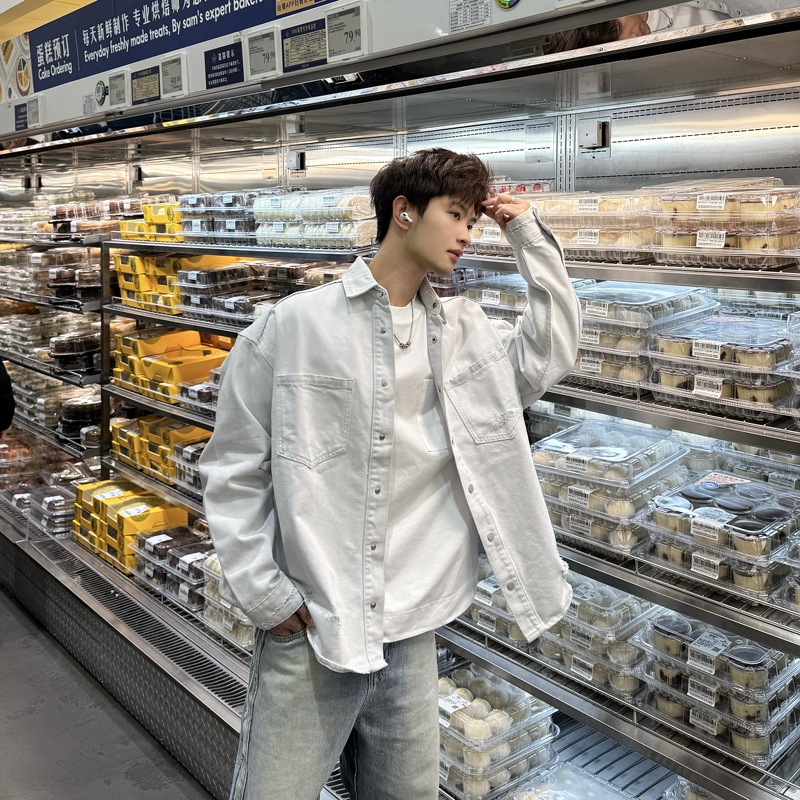 Feixingji Heavyweight Trendy Denim Shirt for Men, Loose Long-Sleeved Casual Top, White-Gray Collared Shirt Jacket