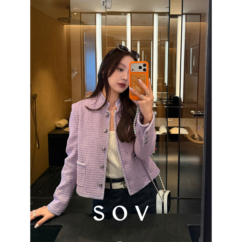 Sov "Succulent Grape" European Imported Tweed Mulberry Silk Lining Women's Autumn and Summer Tweed Coat