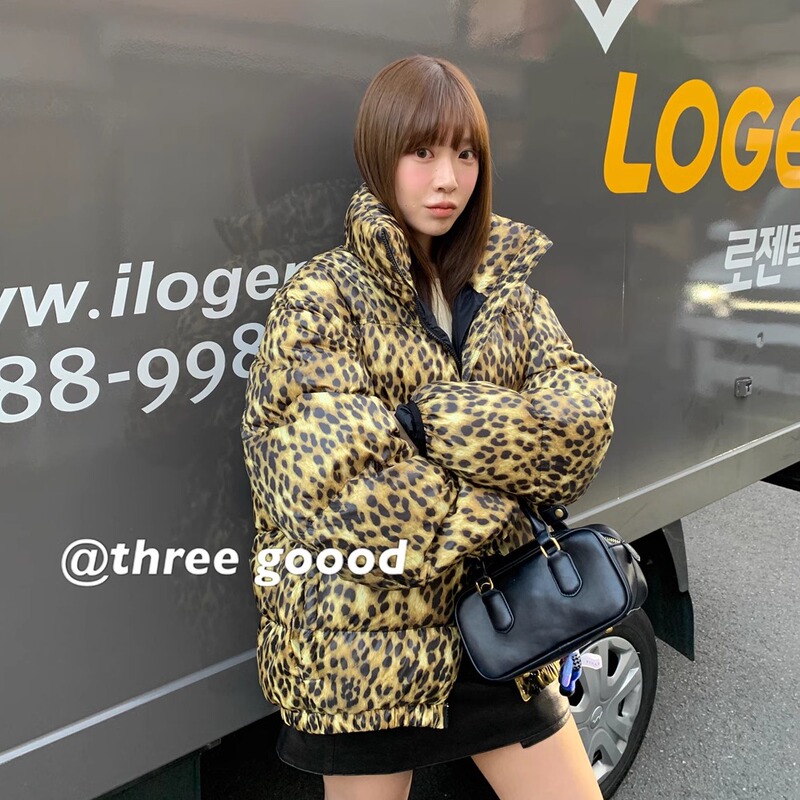 Threegoood Sanji Genuine Leopard Print down Jacket for Women, Short Style, New Winter Product, Thickened Puffer Jacket, Trendy Brand