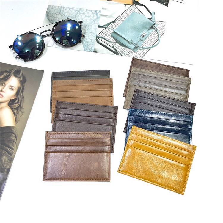 Retro oil wax leather 7 card position leather double-sided ultra-thin mini card holder first layer cowhide short card bag men and women special offer