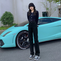 Xiaomi Bear Black Straight Drum Jeans Woman 2022 Chunqiu New high waist display slim lengthened tall Smoke Pipe Pants Woman