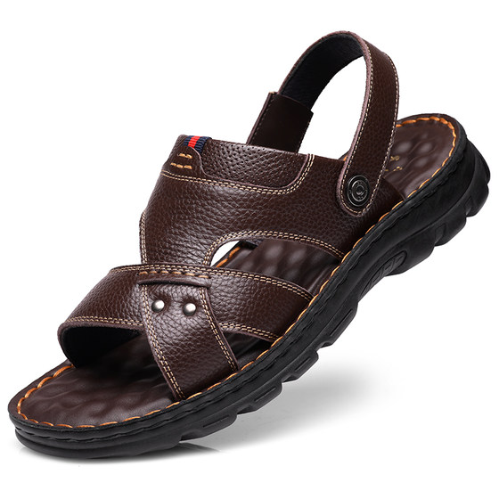 Sandals Men's Genuine Leather Summer 2024 New Beach Shoes Middle-aged and Elderly Large Size Outdoor Wear Dad Non-Slip Wear-Resistant Thick Sole