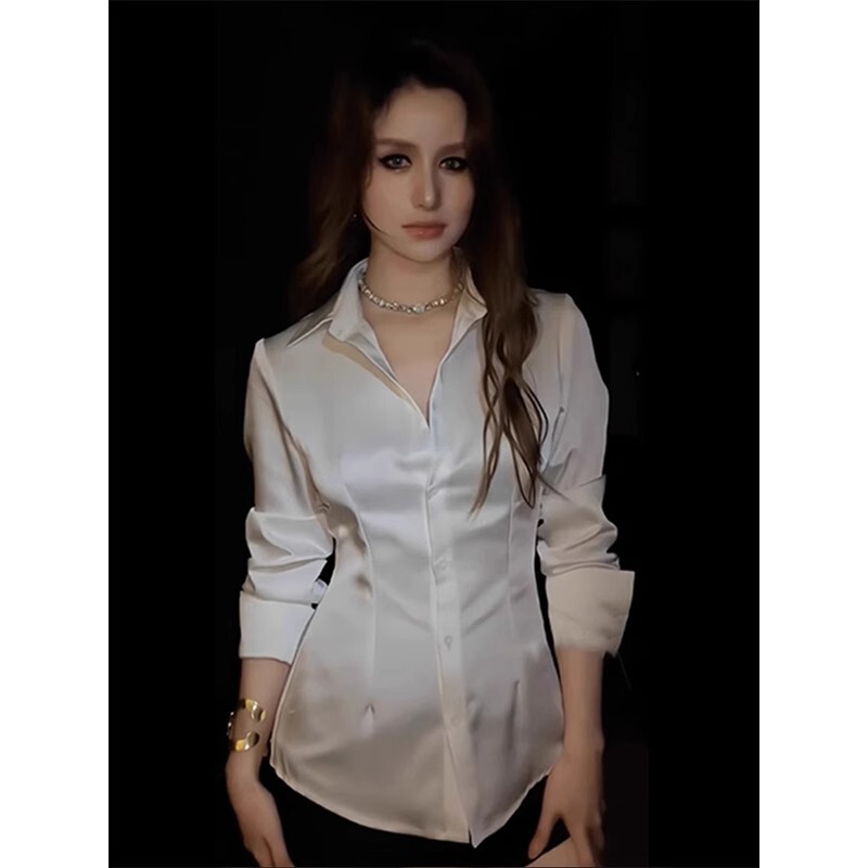 High-End Acetate Satin White Shirt for Women, New Spring and Autumn Style, French-Style Cinched Waist, Stylish, Unique and Delicate Slim-Fit Top