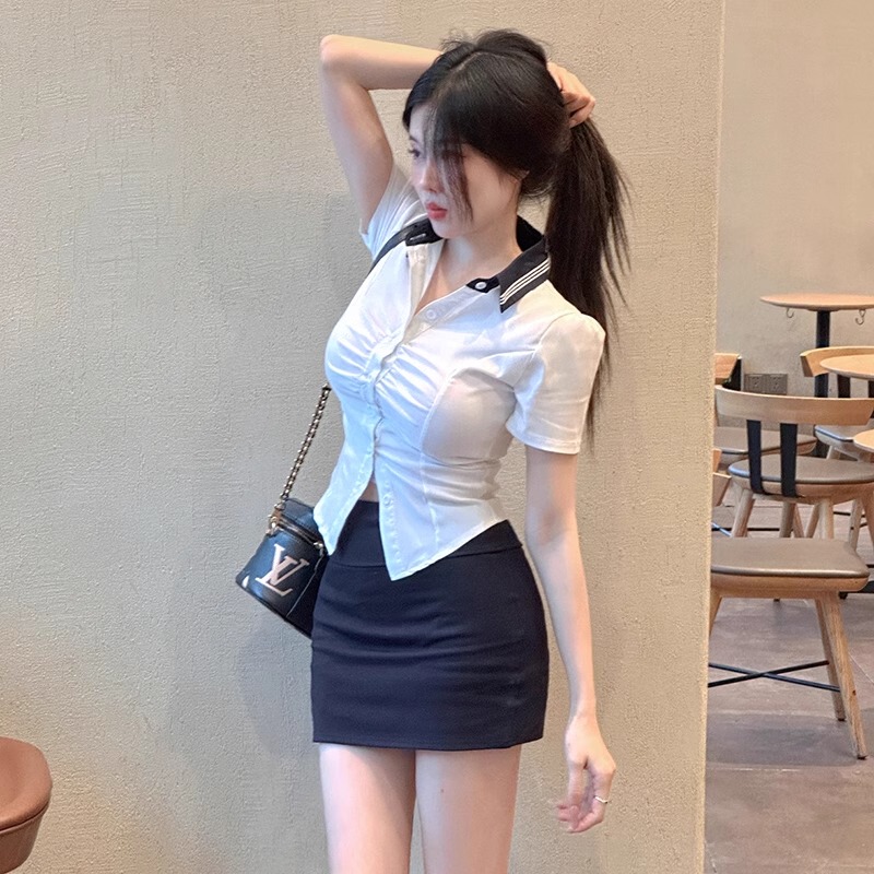 Slim-Fitting White Shirt for Women, Summer Hip-Hugging Skirt, Ktv Bar Front Desk, Billiards, Foot Bath Technician Work Clothes, Professional Suit