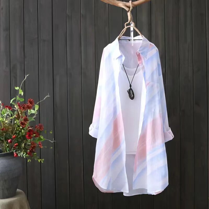 Chiffon Shirt, Mid-Length, Artistic Print, Sun Protection Clothing, New Summer Fashion Design, Loose and Versatile Jacket for Women