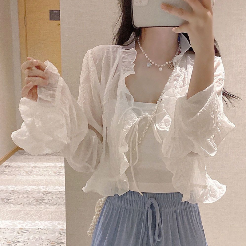 Trendy Ruffled Lace-Up Sun Protection Clothing for Women, Summer Thin Long-Sleeved Chiffon Cardigan, Hong Kong Style Elegant Shawl Jacket