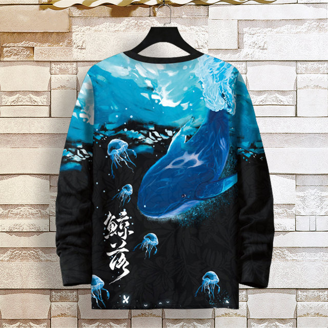 National trend whale print long-sleeved T-shirt for men 2024 spring new casual Chinese style teenagers large size top