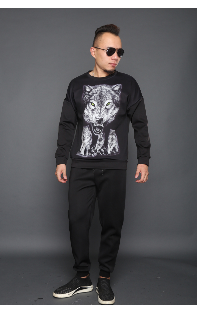 Động vật sói 3D mô hình sói đầu thủy triều thương hiệu nam in áo hoodie dài tay áo len cỡ lớn thả lỏng mùa xuân và mùa thu áo khoác nam có mũ