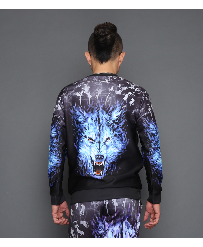 Động vật sói 3D mô hình sói đầu thủy triều thương hiệu nam in áo hoodie dài tay áo len cỡ lớn thả lỏng mùa xuân và mùa thu áo khoác nam có mũ