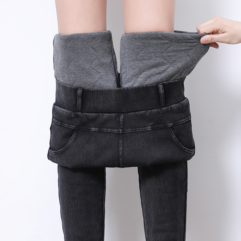 Jeans Woman Autumn Winter Plus Suede High Waist Display Slim Smoke Pipe Trousers Thickening Tight Fit Pants Outside Wearing Tight Waist Large Size Elastic
