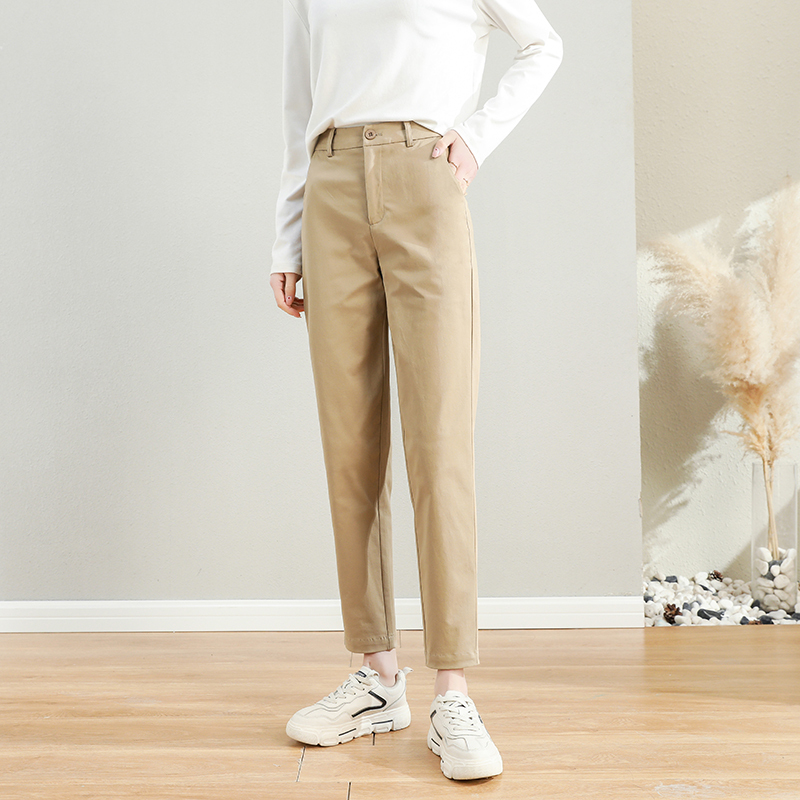 Khaki Casual Pants for Women, Autumn Cigarette Straight-Leg Pants, Petite High-Waisted Tapered Suit Pants, Long Cotton Pants