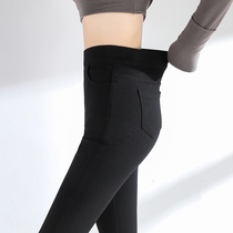 Elastic waist beating bottom pants woman outside wearing spring and autumn summer thin section small sub 80% plus suede black black pants tight with small footpants