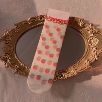 Lolita milky white strawberry crystal card silk mid-tube socks summer thin cute wooden ears jk girl student transparent socks