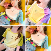 Girls short-sleeved t-shirt 2022 summer dress new middle-aged childrens cotton stitching girl loose thin half-sleeved top summer T