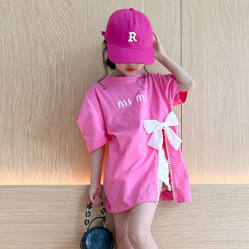 Girls t-shirt short-sleeved summer new little girl bow top fashion sweet slit children's short-sleeved t-shirt
