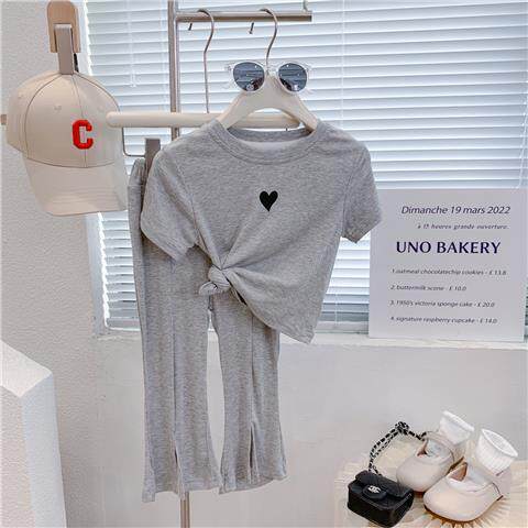 Summer new girls' Korean version of modal high elastic love short-sleeved T-shirt slit flared pants casual two-piece suit