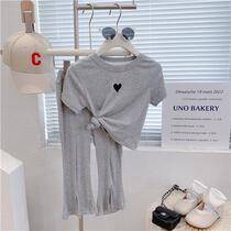 Summer new girls Korean version modal high-elastic love short-sleeved T-shirt split flared pants casual two-piece suit