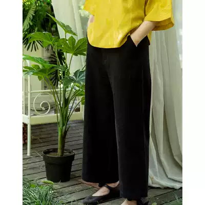 Spring and Autumn Black Cotton Straight Pants with Chinese ankle-length pants
