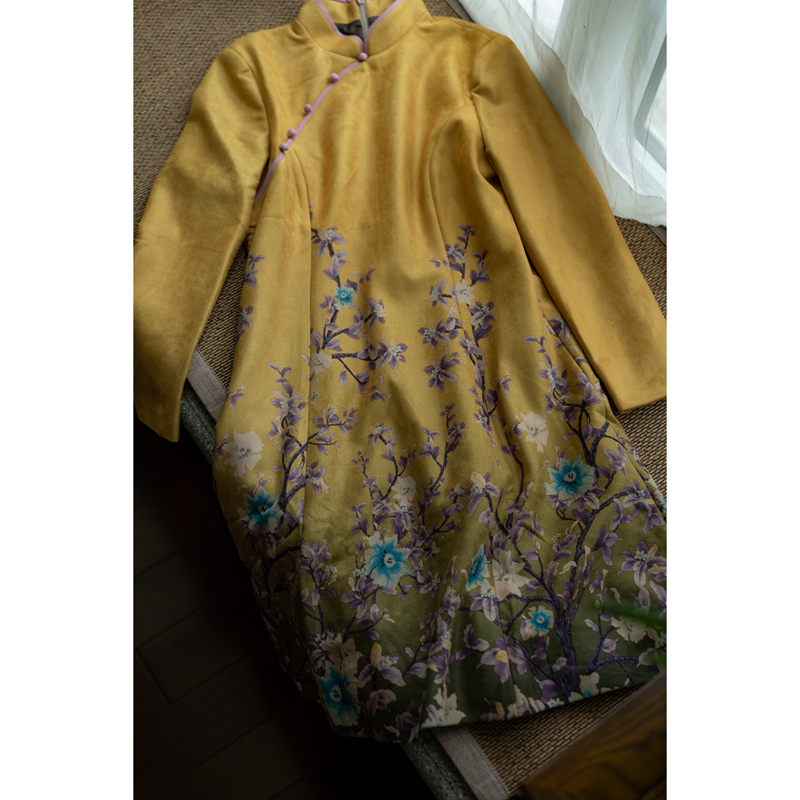 (Spot) improved Chinese style) ginger yellow suede improved cheongsam dress spring, autumn and winter