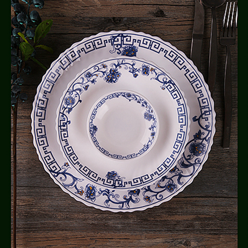 Blue and White Porcelain Series Plates and Bowls, Chinese-Style Jiancheng Jointion White Jade Tempered Glass Tableware, Similar to Lemeiya, Lead-Free