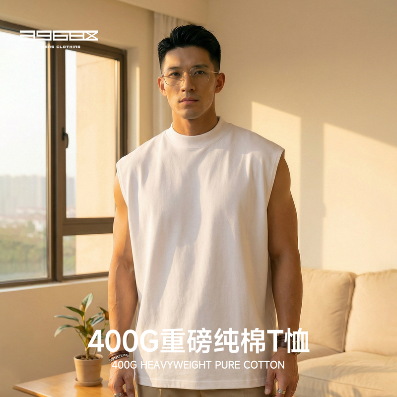 400g Heavyweight Pure Cotton Half-High Collar American-Style Small Neckline Sleeveless Vest White Loose Thick Tank Top for Men