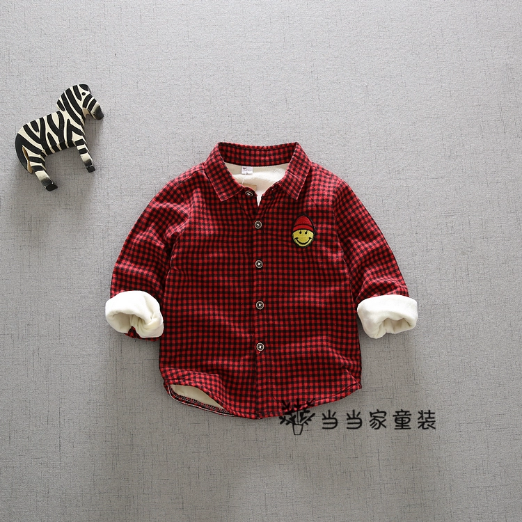 Áo sơ mi nam kẻ sọc cộng với nhung dày trẻ em áo bé trai ấm áp áo cardigan mùa đông mới sơ mi sát nách trẻ em