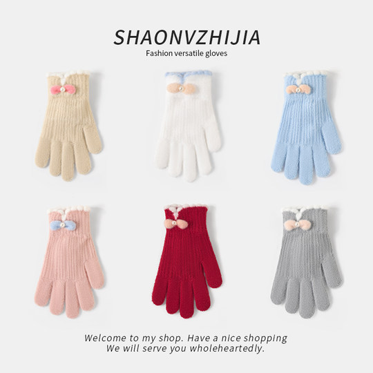 Cycling Knitted Warm Wool Gloves for Women, Winter Cute Student Five-Finger Thickened Cold-Proof Fingerless Versatile Touchscreen-Compatible