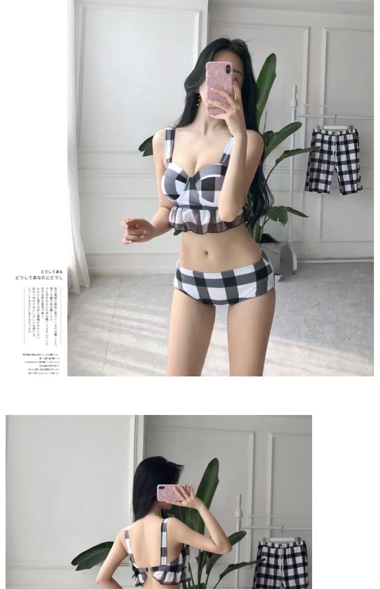 Cặp vợ chồng Hàn Quốc đồ bơi phụ nữ ngực nhỏ tụ tập thép tấm bikini ba mảnh che bụng bơi mùa xuân nóng bỏng - Vài đồ bơi 	đồ đôi đi biển màu trắng	