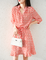 SNICYKER famous label temperament drawing rope to thin silk fan silk small flower dress female summer