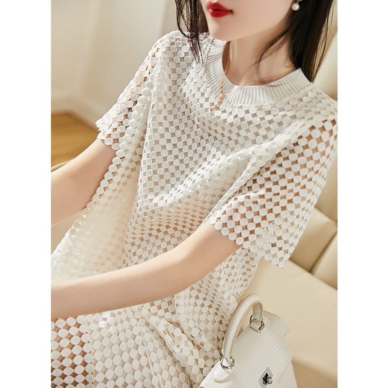 SNICYKER Bourpoint Hollowed-out Short Sleeve Ocean Dress Women's Summer New Light Cooked Wind Easy and Sweet Temperament Long Dress