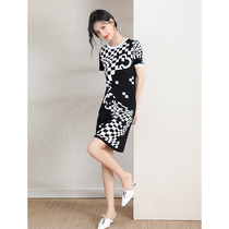 SNICYKER knit ice silk one-piece dress woman summer flower color round collar long dress with slim superior sense long dress