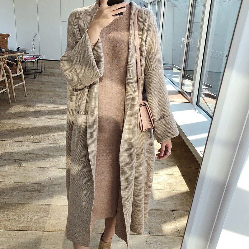 SNICYKER Cashmere Knitted Cardiovert Coat Woman 2021 New autumn Winter Lazy Wind Sweater In long version of the big coat