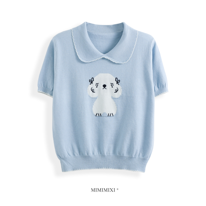 Mimimixi Cartoon Puppy Doll Collar Short-Sleeved Knit Top for Women, Summer Thin Versatile Age-Reducing Cute Top Mimimixi Cartoon Puppy Doll Collar Short-Sleeved Knit Top for Women, Summer Thin Versatile Age-Reducing Cute Top