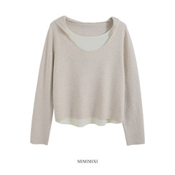 Mimimixi Knitted Hooded Sweatshirt for Women, Petite Size, 2025 New Style, Fake Two-Piece Early Autumn Hoodie, Loose Jacket