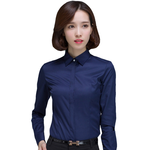 ເສື້ອຍືດແຂນຍາວຂອງແມ່ຍິງທຸລະກິດພາກຮຽນ spring ກາງເກງເປັນມືອາຊີບ workwear navy dark placket bottoming shirt slim fit no ironing