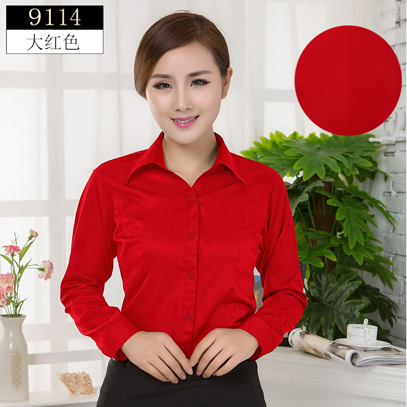Spring Bright Red Long-Sleeved Shirt for Women, Business Casual Professional Workwear, V-Neck Solid Color Shirt, Slim Fit Base Shirt