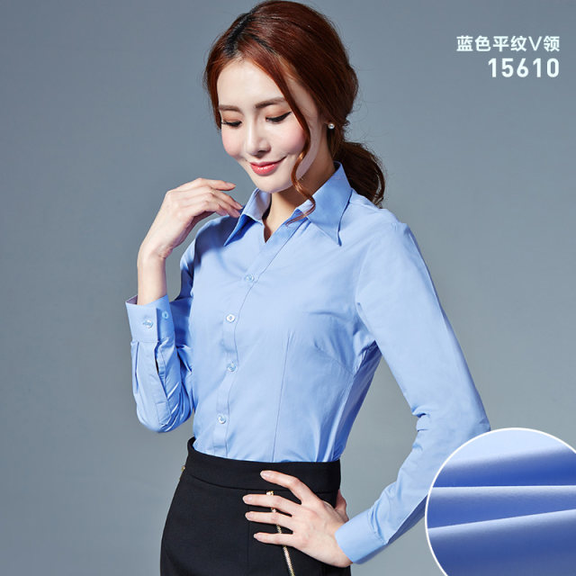 Spring long-sleeved shirt female professional tooling fit V-neck OL commuting pure blue shirt female bottoming shirt overalls