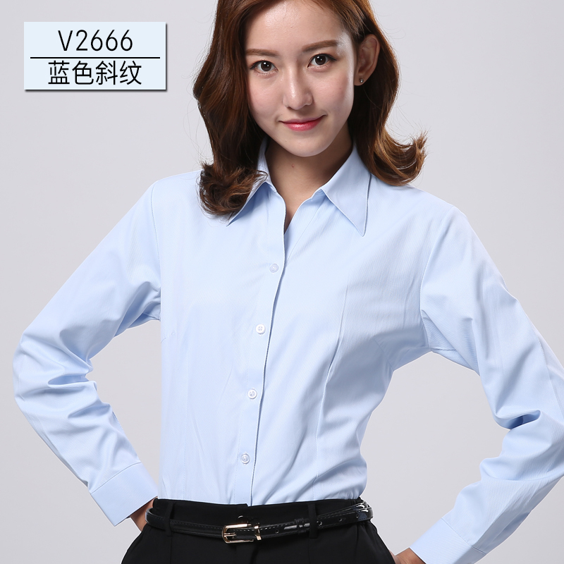 Spring Long-Sleeved Shirt for Women, Professional Fit, V-Neck, Light Blue Twill Shirt, Women's Base Shirt, Ol