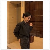 (FARM) baby collar shirt female stitching button loose solid color straight shirt retro blue-green spot