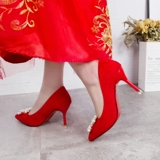 Осенние красные свадебные туфли с заостренным носом, модная высокая рабочая обувь