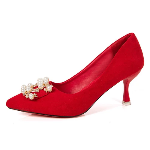 Осенние красные свадебные туфли с заостренным носом, модная высокая рабочая обувь