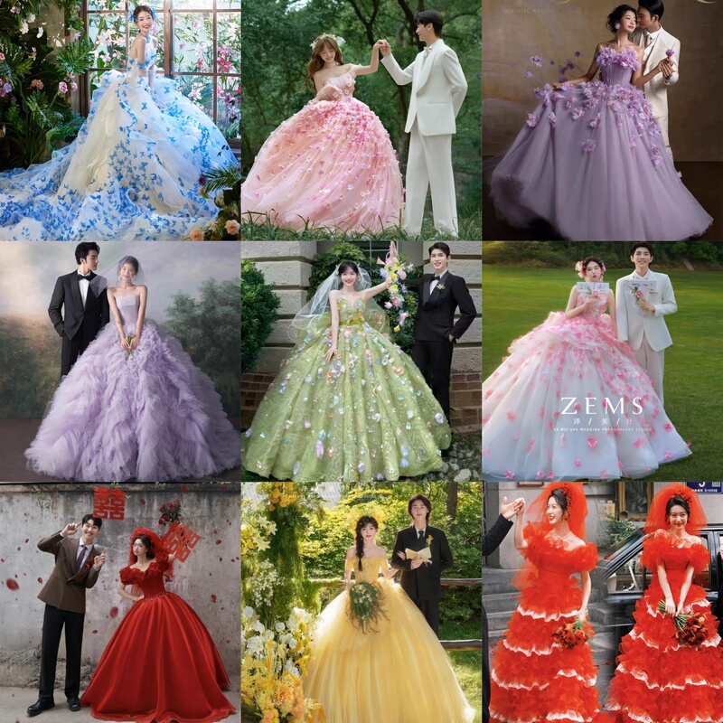 New Studio-Themed Clothing, French Retro Style Travel Photography Flower Goddess Wedding Dress, Puffy Skirt, Dreamy Colorful Tulle Trailing Gown