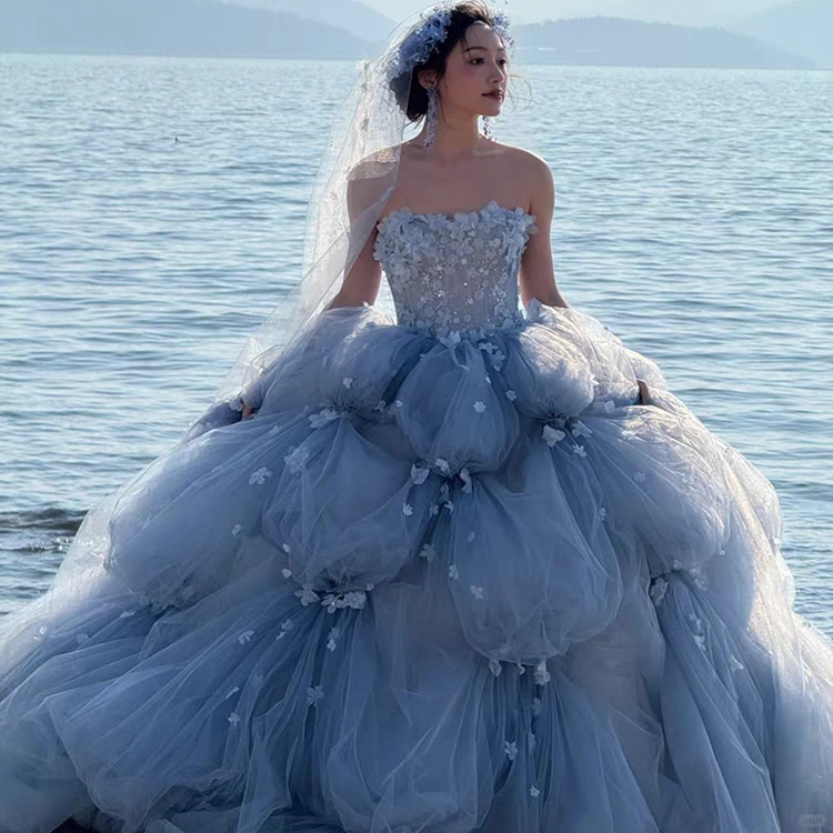 Photo Studio Theme New Blue Fantasy Colorful Gauze Flower God Tube Top Tail Sea View Travel Photography Wedding Photography Photography Dress