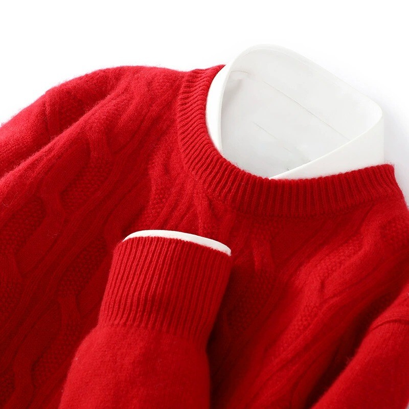 Mk100 Pure Cashmere Sweater for Men, New Winter Style, Thickened Round Neck, Bright Red, Zodiac Year Sweater, Men's Wool Sweater
