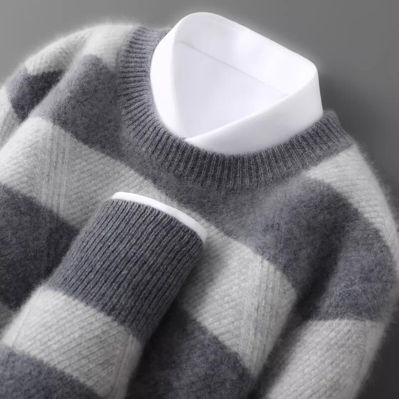 Mk Genuine Thickened 100% Wool Sweater for Men, Winter High-End Color-Blocked Striped Casual Knit Base Layer Men's Cashmere Sweater