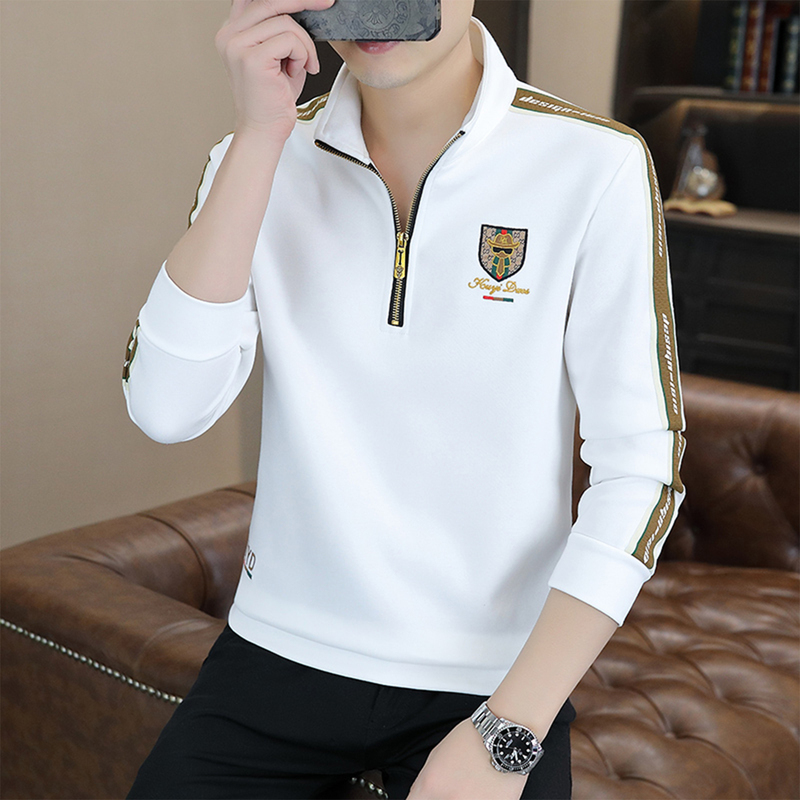 Mk Genuine Half-Zip Sweatshirt for Men with Stand Collar, Loose Fit for Spring and Autumn, High-End Casual with Patch Decoration, Men's Long-Sleeve T-Shirt
