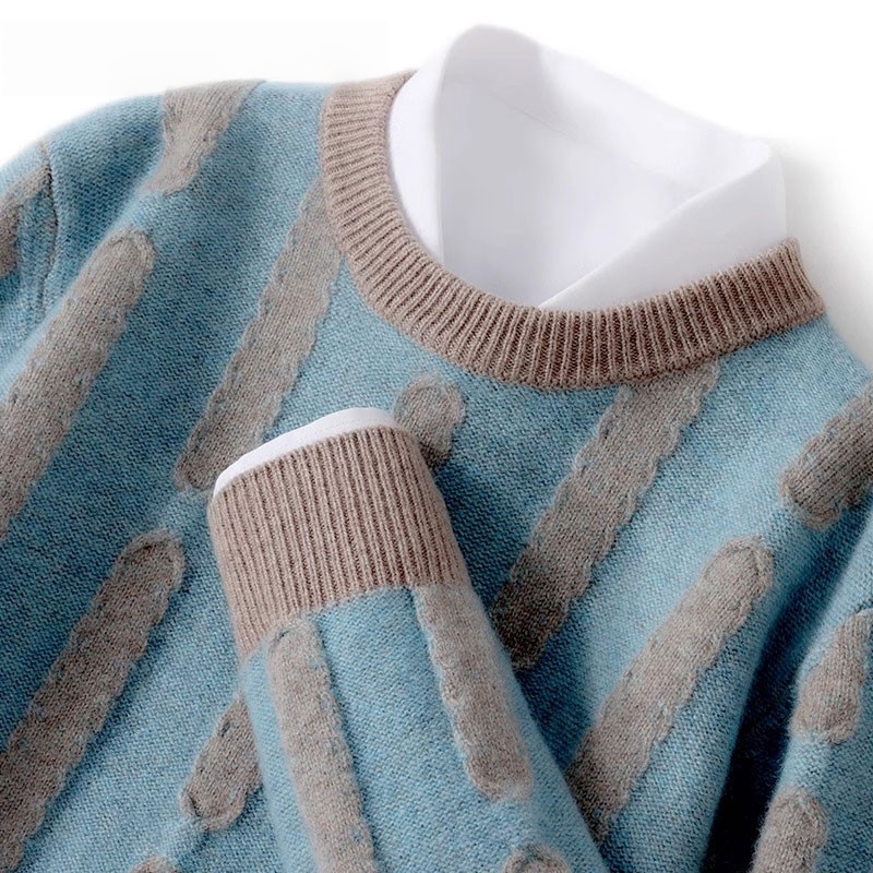 Mk Color-Blocked Vertical Stripe 100% Pure Wool Sweater for Men, Winter High-End Round-Neck Double-Ply Thickened Men's Knit Sweater Mk Color-Blocked Vertical Stripe 100% Pure Wool Sweater for Men, Winter High-End Round-Neck Double-Ply Thickened Men's Knit Sweater