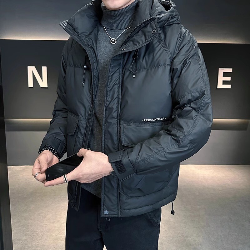 Mk High-End Black down Jacket for Men, Winter Lightweight Trendy Stylish Hooded Workwear Men's White Duck down Coat