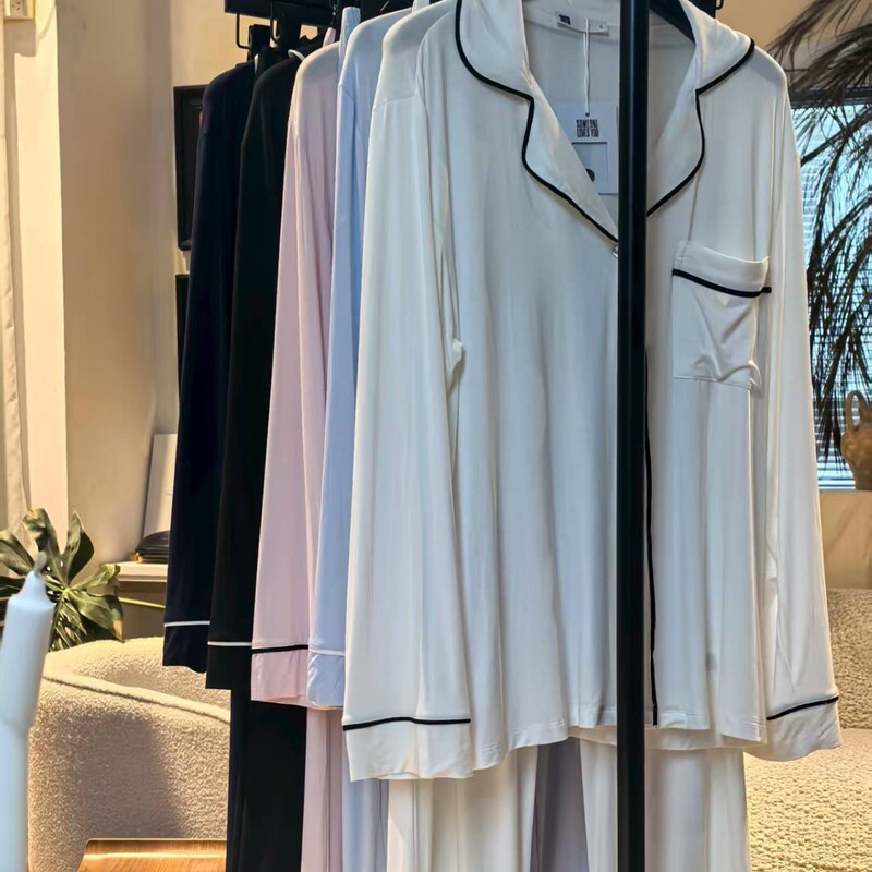 Eb American Style ~ Spring European and American Minimalist Style Modal Casual Long-Sleeve Long Pants Pajamas Loungewear Set with a Turn-Down Collar