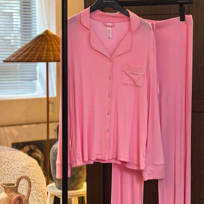 Spring and Summer Women's Kardashian-Style Pajamas, Thick Ribbed Long-Sleeved Long Pants, Comfortable Loungewear Set